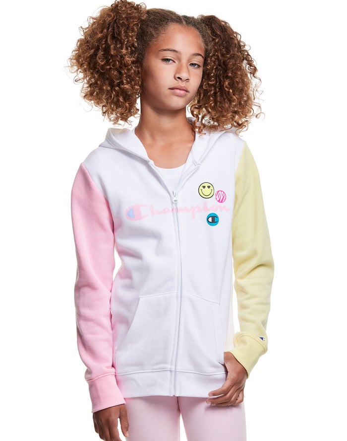 Champion Colorblock Fleece Full Zip Smiley Face Hoodie Meisjes - Wit/Roze/Geel - Belgie 4215UQRLI